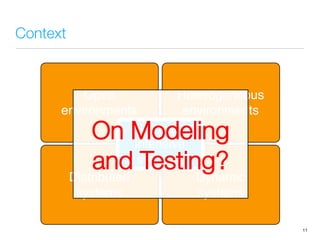 Open
environments
Heterogeneous
environments
Distributed
systems
Dynamic
systems
Software
intensive
systems
Context
11
On Modeling
and Testing?
 