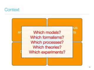 Open
environments
Heterogeneous
environments
Distributed
systems
Dynamic
systems
Software
intensive
systems
Context
12
Which models?
Which formalisms?
Which processes?
Which theories?
Which experiments?
 