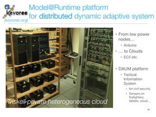 Model@Runtime platform !
for distributed dynamic adaptive system
•  From low power
nodes…
•  Arduino
•  … to Clouds
•  EC2 etc.
•  DAUM platform
•  Tactical
Information
System 
•  for civil security
•  Sensors on
ﬁreﬁghters,
tablets, cloud…
Triskell private heterogeneous cloud
49
(kevoree.org)
 
