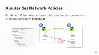 Ajouter des Network Policies
Par défaut, Kubernetes autorise tout container à se connecter à
n'importe quel autre #OpenBar
              
31
 