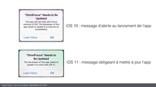 Damien Gosset - Ciel mon smartphone ! (BlendWebMix, Oct. 2017)
iOS 10 : message d’alerte au lancement de l’app
iOS 11 : message obligeant à mettre à jour l’app
 