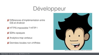 Damien Gosset - Ciel mon smartphone ! (BlendWebMix, Oct. 2017)
Développeur
Différences d’implémentation entre
iOS et Android
HTTPS impossible ? HTTP !
SDKs opaques
Analytics trop verbeux
Données locales non chiffrées
Merci aux talentueux collègues de CommitStrip pour cette illustration
 