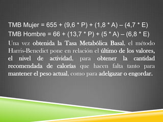 TMB Mujer = 655 + (9,6 * P) + (1,8 * A) – (4,7 * E)
TMB Hombre = 66 + (13,7 * P) + (5 * A) – (6,8 * E)
Una vez obtenida la Tasa Metabólica Basal, el método
Harris-Benedict pone en relación el último de los valores,
el nivel de actividad, para obtener la cantidad
recomendada de calorías que hacen falta tanto para
mantener el peso actual, como para adelgazar o engordar.

 