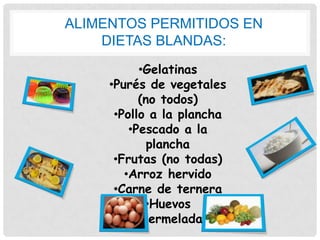 ALIMENTOS PERMITIDOS EN
DIETAS BLANDAS:
•Gelatinas
•Purés de vegetales
(no todos)
•Pollo a la plancha
•Pescado a la
plancha
•Frutas (no todas)
•Arroz hervido
•Carne de ternera
•Huevos
•Mermelada

 