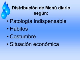 Distribución de Menú diario
según:

• Patología indispensable
• Hábitos
• Costumbre
• Situación económica

 