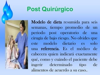 Post Quirúrgico
Modelo de dieta resumida para seis
semanas, tiempo promedio de un
periodo post operatorio de una
cirugía de bajo riesgo. No olvides que
este modelo dietario es solo
una referencia. Es el médico de
cabecera quien indicará exactamente
qué, como y cuándo el paciente debe
ingerir
determinado
tipo
de
alimentos de acuerdo a su caso..

 