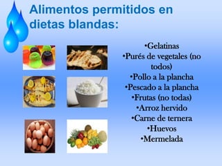 Alimentos permitidos en
dietas blandas:
•Gelatinas
•Purés de vegetales (no
todos)
•Pollo a la plancha
•Pescado a la plancha
•Frutas (no todas)
•Arroz hervido
•Carne de ternera
•Huevos
•Mermelada

 