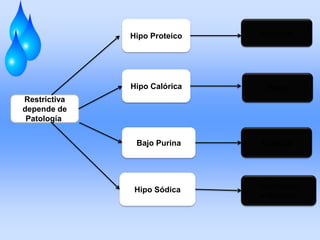 Hipo Proteico

Renales

Hipo Calórica

Peso

Restrictiva
depende de
Patología.
Bajo Purina

Renales

Hipo Sódica

Cardiacas
+ Renales

 