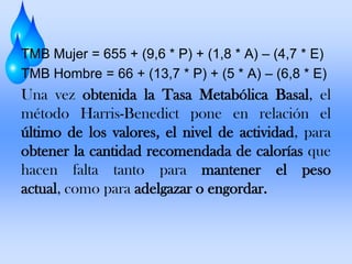 TMB Mujer = 655 + (9,6 * P) + (1,8 * A) – (4,7 * E)
TMB Hombre = 66 + (13,7 * P) + (5 * A) – (6,8 * E)

Una vez obtenida la Tasa Metabólica Basal, el
método Harris-Benedict pone en relación el
último de los valores, el nivel de actividad, para
obtener la cantidad recomendada de calorías que
hacen falta tanto para mantener el peso
actual, como para adelgazar o engordar.

 