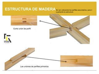 Las uniones de perfiles primarios
Se van colocando los perfiles secundarios, para ir
cuadrando la estructura
Corte unión de perfil
ESTRUCTURA DE MADERA
 
