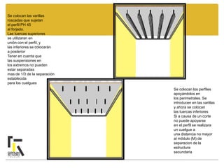 Se colocan las varillas
roscadas que sujetan
el perfil PH 45
al forjado.
Las tuercas superiores
se utilizaran en
unión con el perfil, y
las inferiores se colocarán
a posterior
Tener en cuenta que
las suspensiones en
los extremos no pueden
estar separadas
mas de 1/3 de la separación
establecida
para los cuelgues
Se colocan los perfiles
apoyándolos en
los perimetrales. Se
introducen en las varillas
y ahora se colocan
las tuercas inferiores
Si a causa de un corte
no puede apoyarse
en el perfil se realizara
un cuelgue a
una distancia no mayor
al módulo (M) de
separacion de la
estructura
secundaria
 