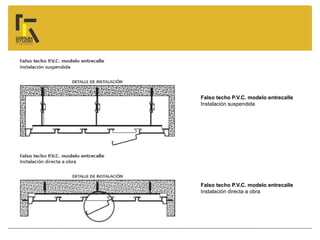Falso techo P.V.C. modelo entrecalle
Instalación suspendida
Falso techo P.V.C. modelo entrecalle
Instalación directa a obra
 
