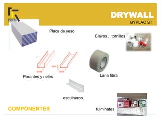 DRYWALL
GYPLAC ST
COMPONENTES
Placa de yeso
Parantes y rieles
esquineros
Lana fibra
fulminates
Clavos , tornillos
 