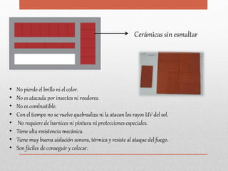 Cerámicas sin esmaltar
• No pierde el brillo ni el color.
• No es atacada por insectos ni roedores.
• No es combustible.
• Con el tiempo no se vuelve quebradiza ni la atacan los rayos UV del sol.
• No requiere de barnices ni pintura ni protecciones especiales.
• Tiene alta resistencia mecánica.
• Tiene muy buena aislación sonora, térmica y resiste al ataque del fuego.
• Son fáciles de conseguir y colocar.
 