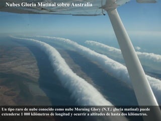 Nubes Gloria Matinal sobre Australia
Un tipo raro de nube conocido como nube Morning Glory (N.T.: gloria matinal) puede
extenderse 1 000 kilómetros de longitud y ocurrir a altitudes de hasta dos kilómetros.
 