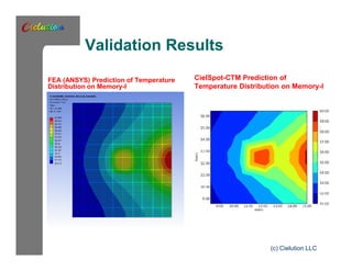Validation Results 
FEA (ANSYS) Prediction of Temperature 
Distribution on Memory-I 
CielSpot-CTM Prediction of 
Temperature Distribution on Memory-I 
(c) Cielution LLC 
 