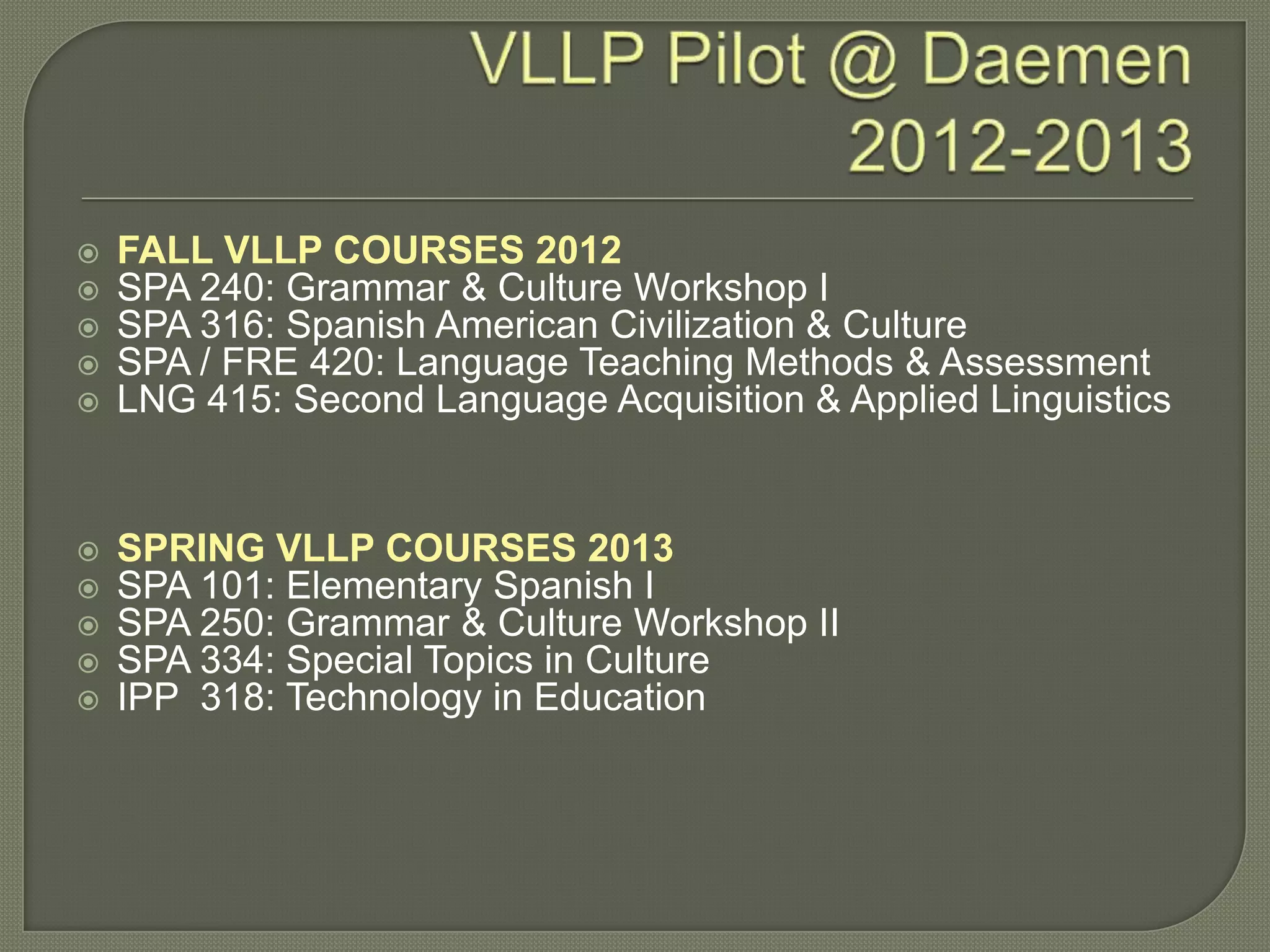  FALL VLLP COURSES 2012
 SPA 240: Grammar & Culture Workshop I
 SPA 316: Spanish American Civilization & Culture
 SPA / FRE 420: Language Teaching Methods & Assessment
 LNG 415: Second Language Acquisition & Applied Linguistics
 SPRING VLLP COURSES 2013
 SPA 101: Elementary Spanish I
 SPA 250: Grammar & Culture Workshop II
 SPA 334: Special Topics in Culture
 IPP 318: Technology in Education
 