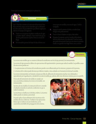 UNIDAD 1 
Resumen 
Los errores más notables que se cometen al efectuar las mediciones son los de tipo personal y los instrumentales. 
Los errores de tipo personal se deben a las apreciaciones del experimentador o persona que realiza la medida. Las posibles causas 
de estos errores pueden ser: 
1. Las apreciaciones en la lectura de las mediciones pueden verse influenciadas por los intereses y prejuicios de la persona. 
2. La lectura de los valores puede desviarse por defectos visuales y otras actitudes en el momento de efectuar la medida. 
Los errores instrumentales son bastante comunes por falta de calibración de instrumentos muchas veces desfasados y 
especialmente por la graduación y claridad de la escala de medida que, además, debe tener divisiones mínimas para ser aceptable. 
Si la escala del instrumento de medida no cumple con 
esas características mínimas, los errores en la medida son 
instrumentales. 
Incerteza de una medida es la estimación del error cometido 
al realizarla, tomando en cuenta las condiciones en que se 
realizó la medición. 
Las incertezas se clasifican así: absoluta y relativa. La incerteza 
relativa puede ser unitaria y porcentual. 
Se puede aplicar el procedimiento de las incertezas en las 
medidas directas e indirectas. También en las operaciones 
básicas que se realicen con esas mediciones, con la 
característica inevitable de la propagación de las mismas. 
Primer Año - Ciencias Naturales 133 
Fases que tomarás en cuenta para tu proyecto: 
5 Actividad 
Fase 3. Esta fase consiste en la ejecución del proyecto. Para 
ello se necesita contar con los materiales que se solicitaron 
en la fase anterior. El procedimiento que deberas seguir para 
elaborar el champú es el siguiente: 
1. Vierte en un recipiente de plástico media taza de agua 
y el jabón rallado; caliéntalo a baño maría hasta que se 
disuelva perfectamente el jabón. Retira la mezcla del 
fuego. 
2. En la licuadora procesa las hojas de aloe, el limón con 
cáscara pero sin semillas y una taza de agua. Cuélalos 
enseguida. 
3. Agrega la mezcla anterior al jabón y revuelve hasta 
integrar todo perfectamente. 
4. Vacía en frascos limpios con tapa y deje enfriar. 
5. Etiqueta el recipiente, anota el nombre del producto, 
fecha de elaboración y de caducidad. Toma en cuenta 
que puede almacenarse hasta por seis meses en perfecto 
estado, si se guarda en un lugar fresco, seco y oscuro. 
 