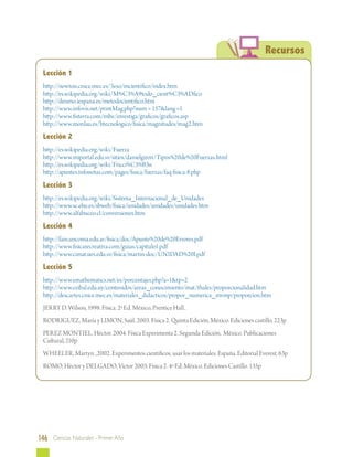 146 Ciencias Naturales - Primer Año 
Recursos 
Lección 1 
http://newton.cnice.mec.es/3eso/mcientifico/index.htm 
http://es.wikipedia.org/wiki/M%C3%A9todo_cient%C3%ADfico 
http://deismo.iespana.es/metodocientifico.htm 
http://www.infovis.net/printMag.php?num = 157lang =1 
http://www.fisterra.com/mbe/investiga/graficos/graficos.asp 
http://www.monlau.es/btecnologico/fisica/magnitudes/mag2.htm 
Lección 2 
http://es.wikipedia.org/wiki/Fuerza 
http://www.miportal.edu.sv/sitios/danielgiron/Tipos%20de%20Fuerzas.html 
http://es.wikipedia.org/wiki/Fricci%C3%B3n 
http://apuntes.infonotas.com/pages/fisica/fuerzas/faq-fisica-8.php 
Lección 3 
http://es.wikipedia.org/wiki/Sistema_Internacional_de_Unidades 
http://www.sc.ehu.es/sbweb/fisica/unidades/unidades/unidades.htm 
http://www.alfabuceo.cl/conversiones.htm 
Lección 4 
http://fain.uncoma.edu.ar/fisica/doc/Apunte%20de%20Errores.pdf 
http://www.fisicarecreativa.com/guias/capitulo1.pdf 
http://www.cimat.ues.edu.sv/fisica/martin-doc/UNIDAD%20I.pdf 
Lección 5 
http://www.emathematics.net/es/porcentajes.php?a=1tp=2 
http://www.ceibal.edu.uy/contenidos/areas_conocimiento/mat/thales/proporcionalidad.htm 
http://descartes.cnice.mec.es/materiales_didacticos/propor_numerica_mvmp/proporcion.htm 
JERRY D. Wilson, 1998. Física. 2ª Ed. México, Prentice Hall.. 
RODRIGUEZ, María y LIMON, Saúl. 2003. Física 2. Quinta Edición, México. Ediciones castillo, 223p 
PEREZ MONTIEL, Héctor. 2004. Física Experimenta 2. Segunda Edición, México. Publicaciones 
Cultural, 210p 
WHEELER, Martyn. ,2002. Experimentos científicos, usar los materiales. España. Editorial Everest, 63p 
ROMO, Héctor y DELGADO, Víctor 2003. Física 2. 4ª Ed. México. Ediciones Castillo. 135p 
