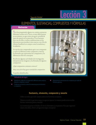 119Séptimo Grado - Ciencias Naturales
Motivación
Lección 3Segunda Unidad
Elementos, sustancias, compuestos y fórmulas
Si te has preguntado alguna vez cuántas sustancias
diferentes existen en la Tierra, es muy difícil pensar
en un número, ya que existe una gran variedad de
tipos de materia en la naturaleza. El ser humano
hace uso de ellos y realiza combinaciones en los
laboratorios para producir otros nuevos con el fin de
obtener beneficios en campos como la medicina y
la industria.
En esta lección comprenderás qué es un compuesto
y cuál es la diferencia entre compuesto y mezcla,
las fórmulas que representan los compuestos y las
diferencias entre los conceptos.
Resolverás algunas actividades de investigación,
interpretarás las imágenes y las fórmulas de algunos
compuestos.
¿Qué compuestos comunes conoces?
Muy cerca de ti hay gran variedad de compuestos.
Ya podrás identificarlos.
	 Identificarásyexplicarásconseguridadladiferenciaentresustancia,
elemento,compuestoymezcla.
	 Clasificarásconinterésycertezalassustanciaspurasenelementos
ycompuestos.
Indicadores de logro:
Sustancia, elemento, compuesto y mezcla
Debes recordar que todo cuanto existe en el Universo es materia.
Materia es todo lo que tiene masa y ocupa un espacio. La materia puede existir en dos
formas: sustancias puras y mezclas.
Las sustancias puras se dividen a la vez en elementos y compuestos. Para que organices
mejor estas ideas, observa el siguiente mapa conceptual.
	 Representaráscorrectamenteloscompuestospormediode
fórmulasquímicas.
 