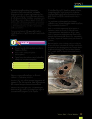 UNIDAD 2
123Séptimo Grado - Ciencias Naturales
Todos los tipos de fórmulas te proporcionan
información. La fórmula molecular te indica los
elementos que están presentes en el compuesto (por
medio de sus símbolos) y la cantidad exacta de átomos
de cada elemento. Dichas cantidades se indican a través
de subíndices que se escriben en la parte derecha de los
símbolos de los elementos, cuando éstos se encuentran
en cantidades mayores a un átomo; cuando sólo existe
un átomo del elemento el subíndice equivalente a la
unidad no se escribe.
Como ejemplo tienes el CO2
que es la fórmula del
bióxido de carbono y H2
SO4
que es la fórmula del ácido
sulfúrico.
a)	 Buscaempaquesdedistintosproductosqueutilizasen
elhogaroeneltrabajo.
b)	 Revisasientrelainformaciónaparecen
fórmulasquímicas.
c)	 Copiaelcuadroentucuadernoyescribelasfórmulase
investigaaquécompuestocorresponden.
a) d)
b) e)
c) f)
Algunos compuestos formados por un elemento
cualquiera y el hidrógeno: ejemplos:
Metano: (CH4
) es el hidruro principal componente del
gas natural y es el más sencillo del grupo de compuestos
del carbono e hidrógeno llamados hidrocarburos.
Amoníaco: NH3
es un gas de olor característico y su
disolución en agua se utiliza para limpiar, por lo que se
encuentra en muchos productos de limpieza.
El ácido fluorhídrico: HF disuelto en agua es utilizado
para grabar cristales (como los nombres en algunas
botellas, grabados en relieve), el cloruro de hidrógeno o
ácido clorhídrico, (HCl), se usa en varios productos
de limpieza.
Los óxidos son combinaciones de un elemento
cualquiera con el oxígeno. Ejemplos: dióxido de carbono
CO2
, monóxido de carbono CO.
Entre los óxidos más importantes de los metales se
encuentra el óxido de calcio CaO conocido como
cal viva, a diferencia de su disolución en agua que se
llama cal apagada. En nuestro país, en el municipio de
Metapán hay abundancia de piedra caliza que contiene
este óxido, y es parte de la materia prima para fabricar el
cemento.
Muchos metales cuando están en contacto con el aire
se oxidan, es decir, se recubren de una capa de óxido. Así
los objetos de plata se ennegrecen con el tiempo debido
al óxido de plata Ag2
O. Por causa del óxido de hierro
FeO2
hay que pintar los objetos de hierro que están al
aire libre.
Actividad3
 