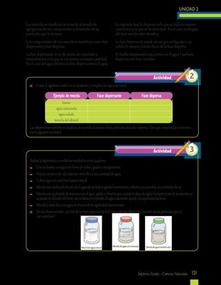 UNIDAD 2
131Séptimo Grado - Ciencias Naturales
Las mezclas se clasifican de acuerdo al estado de
agregación de sus componentes y al tamaño de las
partículas que la forman.
Los componentes de una mezcla se nombran como fase
dispersante y fase dispersa.
La fase dispersante sirve de medio de mezclado y
normalmente es la que se encuentra en mayor cantidad.
En el caso del agua del mar, la fase dispersante es el agua.
a)	 Copiaelsiguientecuadroentucuadernoycompletalosespaciosvacíos:
Actividad 2
humo
aguaazucarada
aguasalada
mezcladelalbañil
Ejemplo de mezcla Fase dispersante Fase dispersa
Lasdispersionestambiénseclasificandeacuerdoaltamañodelaspartículasdelafasedispersa.Paraquecomprendasmejoresto,
hazlasiguienteactividad.
Realizalaexperienciayescribelosresultadosentucuaderno.
	 Contufamiliaconsiguetresbotesdevidrio,igualesytransparentes.
	 Preparaunpocode:sal,maicena,tierrafinayunacantidaddeagua.
	 Colocaaguaencadabotehastalamitad.
	 Mezclaunacucharadadesalconelaguadeunboteyagítalafuertementeyobserva,siesposible,laspartículasdesal.
	 Mezclaunacucharadademaicenaconelagua,agítalayobservaquecuandoladejasdeagitarlamayorpartedelamaicenase
acumulaenelfondodelbote,esosellamaprecipitado.Elaguasolamentequedaconapariencialechosa.
	 Mezclalatierrafinaconaguaeneltercerbote,agitándolafuertemente.
a)	 Detusobservaciones:¿encuáldelostrescasosesmásfácilyencuálmásdifícilvereltamañodelaspartículasquese
hanmezclado?
Actividad 3
La segunda fase, la dispersa, es la que se halla en menor
cantidad y es la que se ha mezclado. En el caso en el agua
del mar, son las sales disueltas.
La fase dispersante puede ser un gas, un líquido o un
sólido; lo mismo puedes decir de la fase dispersa.
El medio dispersante más común es el agua y las fases
dispersas son muy variadas.
 