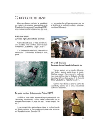 instrucción y entrenamiento



CURSOS DE VERANO
   Mientras algunos cadetes y subalfére-         no, aumentando así las competencias en
ces hicieron el curso de paracaidista en la      el ámbito de la profesión militar y principal-
Brigada de Operaciones Especiales (BOE),         mente del liderazgo.
otros realizaron diferentes cursos de vera-



7 al 25 de enero
Curso de inglés, Escuela de Idiomas:

  “Con esta actividad se nos abrirán mu-
chas puertas, este sacrificio tendrá sus re-
compensas”, Subalférez Diego Calvo Y.

   “Las clases son didácticas y hay mucha
interacción”, Subalférez Robertson Bur-
goa H.



                                                 14 al 25 de enero
                                                 Curso de Apnea, Escuela de Ingenieros:

                                                     “Hemos estado en un medio diferente,
                                                 muy lindo, y que no todos tienen la posibi-
                                                 lidad de conocer. Esto me motiva cada vez
                                                 más para realizar el curso de buzo, además
                                                 de romper el récord de apnea de la Escuela
                                                 Militar”, Subalférez Roberto Caselli H.

                                                    “Lo más importante es tener la fuerza de
                                                 voluntad y confiar en el otro”, Subalférez
                                                 Catherine Becerra L.


Curso de monitor de Instrucción Física, ESEFE:

   “Gracias a este curso, llegamos mejor preparados a la
campaña y enfrentamos con un mejor estado físico las di-
ferentes actividades a lo largo del año”, Cadete Mónica Pa-
vez G.

    “La actividad física es fundamental en la profesión mili-
tar, debemos tener el físico adecuado para estar en terre-
no”, Cadete Joaquín Bernstein M.


                                                                                                    61
 