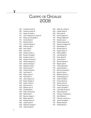 CUERPO DE OFICIALES
                         2008
    CRL.   Humberto Oviedo A.              CAP.   Pablo de La Maza A.
    CRL.   Fenando Cooper W.               CAP.   Cristián Sarah G.
    TCL.   Sergio Ahumada L.               CAP.   Ruth Lastra B.
    TCL.   Juan Cristóbal de La Cerda R.   TTE.   Antonio Segovia C.
    TCL.   Patrice van De Maelle S.        TTE.   Rodrigo Gallardo R.
    TCL.   Vicente Brand F.                TTE.   Eduardo Jara Z.
    TCL.   Marcelo Ortiz B.                TTE.   Salvador Aparicio M.
    TCL.   Jorge Fernández H.              TTE.   Eduardo Cartagena M.
    MAY.   Francisco Silva T.              TTE.   Matías Baker W.
    MAY.   Hans Vidal D.                   TTE.   Nicolás Kaiser O.
    MAY.   Jaime Ruiz L.                   TTE.   Eugenio Moya G.
    MAY.   Cristián Landero L.             TTE.   Alberto Mallea L.
    MAY.   Ricardo Fravega B.              TTE.   Juan Morales M.
    MAY.   Osvaldo Larraín G.              TTE.   Oscar Salas M.
    MAY.   Gustavo Contreras V.            TTE.   Jaime Aburto F.
    CAP.   Adrián Rodríguez C.             TTE.   Ricardo Geisser S.
    CAP.   Claudio Verdugo C.              TTE.   Miguel López A.
    CAP.   Alejandro Amigo T.              TTE.   Fredy Sandoval B.
    CAP.   Patricio García T.              TTE.   Jobany Beratto U.
    CAP.   Claudio Paredes A.              TTE.   Mauricio Oyanader A.
    CAP.   Juan Rubio R.                   TTE.   Ignacio Flores A.
    CAP.   Pablo Lizama P.                 TTE.   Alejandro Alarcón L.
    CAP.   Pablo Nieto C.                  TTE.   Gonzalo Aguayo O.
    CAP.   Jaime Figueroa G.               TTE.   Carlos Porcella A.
    CAP.   Beatriz Hidalgo G.              TTE.   Enrique Muñoz E.
    CAP.   Sandro Yáñez Á.                 TTE.   Verónica Parra P.
    CAP.   Raúl Ferreira A.                TTE.   Tamara Espinoza H.
    CAP.   Roberto Lazo S.                 TTE.   Jorge Fuenzalida F.
    CAP.   Cristobal Butti L.              TTE.   Juan Pablo Orozco B.
    CAP.   Pablo Sanhueza R.               TTE.   Felipe Olivares B.
    CAP.   Waldo Rea M.                    TTE.   Francisco Cambiaso R.
    CAP.   Mauricio Vargas S.              TTE.   René Medina A.
    CAP.   Alfredo Quadri G.               TTE.   Francisco Lara de La J.
    CAP.   Rodrigo Pizarro G.              STE.   Javiera Torrealba F.
    CAP.   Jorge Garrido E.                TTE.   Bárbara Ewing P.
    CAP.   Alejandro Gorayeb F.            TTE.   Andrea Bonet H.
    CAP.   Jorge Paredes B.
6
 
