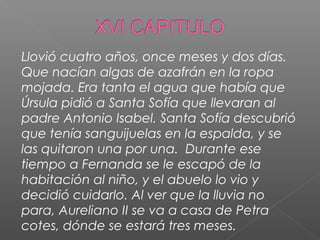 Llovió cuatro años, once meses y dos días.
Que nacían algas de azafrán en la ropa
mojada. Era tanta el agua que había que
Úrsula pidió a Santa Sofía que llevaran al
padre Antonio Isabel. Santa Sofía descubrió
que tenía sanguijuelas en la espalda, y se
las quitaron una por una. Durante ese
tiempo a Fernanda se le escapó de la
habitación al niño, y el abuelo lo vio y
decidió cuidarlo. Al ver que la lluvia no
para, Aureliano II se va a casa de Petra
cotes, dónde se estará tres meses.
 