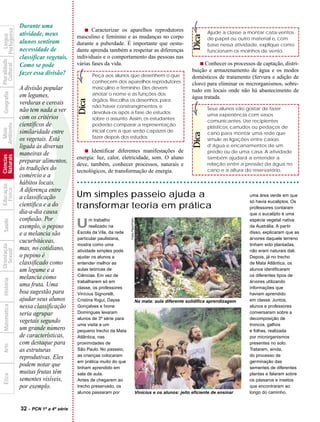 Durante uma
                                                        s Caracterizar os aparelhos reprodutores
            Portuguesa



                         atividade, meus                                                                                            Ajude a classe a montar cata-ventos
              Língua




                                                                                                                             Dica
                                                    masculino e feminino e as mudanças no corpo                                     de papel ou outro material e, com
                         alunos sentiram            durante a puberdade. É importante que oestu-                                    base nessa atividade, explique como
                         necessidade de             dante aprenda também a respeitar as diferenças                                  funcionam os moinhos de vento.
                         classificar vegetais.      individuais e o comportamento das pessoas nas
Pluralidade




                         Como se pode               várias fases da vida.                                                        s Conhecer os processos de captação, distri-
  Cultural




                                                                                                                             buição e armazenamento de água e os modos
                         fazer essa divisão?               Peça aos alunos que desenhem o que                                domésticos de tratamento (fervura e adição de
                                                           conhecem dos aparelhos reprodutores                               cloro) para eliminar os microrganismos, sobre-
                         A divisão popular                 masculino e feminino. Eles devem
                                                                                                                             tudo em locais onde não há abastecimento de
  Geografia




                         em legumes,                       anotar o nome e as funções dos
                                                                                                                             água tratada.
                                                           órgãos. Recolha os desenhos, para
                                                    Dica

                         verduras e cereais




                     ?
                                                           não haver constrangimentos, e                                            Seus alunos vão gostar de fazer
                         não tem nada a ver                devolva-os após a fase de estudos                                        uma experiência com vasos
                         com os critérios                  sobre o assunto. Assim, os estudantes                                    comunicantes. Use recipientes
                         científicos de
Ambiente




                                                           poderão comparar a representação                                         plásticos, canudos ou pedaços de
  Meio




                         similaridade entre                inicial com a que serão capazes de                                       cano para montar uma rede que




                                                                                                                             Dica
                         os vegetais. Está                 fazer depois dos estudos.                                                simule as ligações entre caixas
                         ligada às diversas                                                                                         d’água e encanamentos de um
                                                        s Identificar diferentes manifestações de                                   prédio ou de uma casa. A atividade
                         maneiras de
Naturais
Ciências




                                                    energia: luz, calor, eletricidade, som. O aluno                                 também ajudará a entender a
                         preparar alimentos,        deve, também, conhecer processos, naturais e                                    relação entre a pressão da água no
                         às tradições do            tecnológicos, de transformação de energia.                                      cano e a altura do reservatório.
                         comércio e a
                         hábitos locais.
Educação




                         A diferença entre
  Física




                         a classificação            Um simples passeio ajuda a                                                                        uma área verde em que
                                                                                                                                                      só havia eucaliptos. Os
                         científica e a do          transformar teoria em prática                                                                     professores contaram
                         dia-a-dia causa                                                                                                              que o eucalipto é uma
                         confusão. Por
                                                                              Fotos Pepe/Foton
  Saúde




                         exemplo, o pepino          U     m trabalho
                                                          realizado na
                                                    Escola da Vila, da rede
                                                                                                                                                      espécie vegetal nativa
                                                                                                                                                      da Austrália. A partir
                                                                                                                                                      disso, explicaram que as
                         e a melancia são
                                                    particular paulistana,                                                                            árvores daquele terreno
                         cucurbitáceas,
                                                    mostra como uma                                                                                   tinham sido plantadas,
Orientação




                         mas, no cotidiano,
  Sexual




                                                    atividade simples pode                                                                            não eram naturais dali.
                         o pepino é                 ajudar os alunos a                                                                                Depois, já no trecho
                         classificado como          entender melhor as                                                                                de Mata Atlântica, os
                         um legume e a              aulas teóricas de                                                                                 alunos identificaram
                         melancia como              Ciências. Em vez de                                                                               os diferentes tipos de
  História




                                                    trabalharem só em                                                                                 árvores utilizando
                         uma fruta. Uma             classe, os professores                                                                            informações que
                         boa sugestão para          Vinícius Signorelli,                                                                              haviam aprendido
                         ajudar seus alunos         Cristina Yogui, Dayse                        Na mata: aula diferente solidifica aprendizagem      em classe. Juntos,
                         nessa classificação
  Matemática




                                                    Gonçalves e Ivone                                                                                 alunos e professores
                         seria agrupar              Domingues levaram                                                                                 conversaram sobre a
                                                    alunos de 3ª série para                                                                           decomposição de
                         vegetais segundo
                                                    uma visita a um                                                                                   troncos, galhos
                         um grande número           pequeno trecho da Mata                                                                            e folhas, realizada
                         de características,        Atlântica, nas                                                                                    por microrganismos
                         com destaque para          proximidades de                                                                                   presentes no solo.
  Arte




                         as estruturas              São Paulo. No passeio,                                                                            Trataram, ainda,
                         reprodutivas. Eles         as crianças colocaram                                                                             do processo de
                                                    em prática muito do que                                                                           germinação das
                         podem notar que            tinham aprendido em                                                                               sementes de diferentes
                         muitas frutas têm          sala de aula.                                                                                     plantas e falaram sobre
  Ética




                         sementes visíveis,         Antes de chegarem ao                                                                              os pássaros e insetos
                         por exemplo.               trecho preservado, os                                                                             que encontraram ao
                                                    alunos passaram por                          Vinícius e os alunos: jeito eficiente de ensinar     longo do caminho.


                         32   - PCN 1ª a 4ª série
 