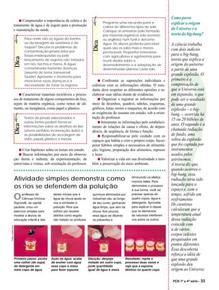 Como posso
                       s  Compreender a importância da coleta e do                  Programe uma excursão para a
                    tratamento de água e de esgoto para a promoção                                                               explicar a origem
                                                                                    coleta de diferentes tipos de solo.
                    e manutenção da saúde.                                          Coloque as amostras (solo formado
                                                                                                                                 do Universo e a
                                                                                    por material orgânicos solo arenoso          teoria do big-bang?
                           Para onde vão as águas do banho                          ou argiloso) num funil e derrame




                                                                             Dica
                           ou da lavagem de sanitários e de                         água. Os alunos poderão perceber             A ciência trabalha
                           roupas? Discuta os problemas de                          quais são os solos mais e menos
                           contaminação provocados por
                                                                                                                                 com dois indícios
                                                                                    permeáveis. Proponha entrevistas
                           fossas inadequadas ou pelo                               com agricultores e agrônomos para
                                                                                                                                 para o big-bang,
                    Dica




                           lançamento de esgotos não tratados                       reunir dados sobre o                         teoria que explica a
                           em rios, riachos e mares. A água                         desenvolvimento e a adaptação de             origem do universo
                           contaminada transmite doenças                            determinadas plantas cada solo.              a partir de uma




                                                                                                                                 ?
                           (assunto do tema transversal
                           Saúde). Aproveite o momento para
                                                                                                                                 grande explosão. O
                           mencionar essas doenças e a                          s Confrontar as suposições individuais e         primeiro é a
                           necessidade de tratar os esgotos.                coletivas com as informações obtidas. O estu-        comprovação de
                                                                            dante deve respeitar as diferentes opiniões e re-    que o Universo está
                        s Caracterizar materiais recicláveis e proces-      elaborar suas idéias diante de evidências.           em expansão, o que
                    sos de tratamento de alguns componentes do lixo,            s Organizar e registrar as informações por       pode ser o resultado
                    sejam de matéria orgânica, como restos de ali-          meio de desenhos, quadros, tabelas, esquemas,        de uma grande
                    mento, ou inorgânica, como papel e plástico.            gráficos, listas, textos e maquetes, de acordo com   explosão – o big-
                                                                            as exigências do assunto em estudo, sob a orien-     bang –, ocorrida há
                           Textos de jornais selecionados e                 tação do professor.
                                                                                                                                 15 ou 20 bilhões de
                           outras fontes podem fornecer                         s Interpretar as informações pelo estabeleci-
                                                                                                                                 anos. O segundo é a
                    Dica




                           informações sobre os destinos do lixo            mento de relações de causa e efeito, de depen-
                           (aterro sanitário, incineração, lixão) e         dência, de seqüência, de forma e função.             chamada radiação
                           as possibilidades de reciclagem de                   s Responsabilizar-se pelo cuidado com os         de fundo, uma
                           vidro, papel, plástico e metais.                 espaços que habita e com o próprio corpo. Incor-     sobra da explosão
                                                                            porar hábitos simples e necessários de alimenta-     que foi captada por
                       s  Criar hipóteses sobre os temas em estudo.         ção, higiene, preparação dos alimentos, repouso      instrumentos
                       s  Buscar informações por meio da observa-           e lazer.                                             usados pelos
                    ção direta e indireta, da experimentação, de                s Valorizar a vida em sua diversidade e tam-     astrônomos.
                    entrevistas e visitas, sob orientação do professor.     bém a preservação do meio ambiente.                  A teoria diz que,
                                                                                                                                 quando ocorreu o
                                                                                                                                 big-bang, essa
                    Atividade simples demonstra como                                                   diminuindo os efeitos
                                                                                                       nocivos deles. Para
                                                                                                                                 radiação teria sido
                                                                                                                                 lançada para o
                    os rios se defendem da poluição                                                    demonstrar o processo
                                                                                                       à sua turma, você vai     espaço e, com o
                                                                                                       precisar apenas de        tempo, sofrido um
                    O     professor de
                          Ciências Vinícius
                    Signorelli, da capital
                                               séries iniciais que a
                                               água da chuva ajuda os
                                               rios a combater a
                                                                            químicos eliminados por
                                                                            indústrias vão, ao longo
                                                                            de seu curso, ganhando
                                                                                                       quatro copos, água e
                                                                                                       detergente. Aproveite
                                                                                                                                 resfriamento.
                                                                                                       para explicar à classe
                                                                                                                                 Os cientistas
                    paulista, criou um         poluição. Rios que           água limpa, que vem da
                    exercício simples para     sofrem por receber           chuva. Aos poucos,         que os elementos          calcularam que a
                    mostrar a alunos de        detritos como esgoto         essa água vai diluindo     da natureza interferem    temperatura atual
                    educação infantil e das    não tratado ou produtos      os poluentes e             uns sobre os outros.      dessa radiação
                                                                                                                                 coincide com
Fotos Louise Chin




                                                                                                                                 a de vários
                                                                                                                                 corpos celestes
                                                                                                                                 pesquisados em
                                                                                                                                 pontos diferentes.
                                                                                                                                 Essa descoberta
                                                                                                                                 reforça a idéia de
                    Primeiro passo: ponha     Ação da água: acabe         Diluição: despeje        Resultado: repita o           que uma grande
                    uma colher (de sopa)      de encher com água          metade em outro copo,    processo duas vezes e
                    de detergente em          esse copo e mexa            junte quantidade         veja que a espuma             explosão deu
                    meio copo de água         para fazer espuma           igual de água e mexa     diminui no quarto copo        origem ao Universo.

                                                                                                                                 PCN 1ª a 4ª série -   33
 