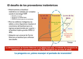 El desafío de los proveedores inalámbricos
  • Históricamente, el backhaul
    inalámbrico se realizaba por completo
    usando la tecnología TDM!
     •  DS1s/E1s a la torre!                      La era de    Transición!        La era de los
     •  Agregación en SONET/SDH!
     •  N*DS1/E1 primer paso en el crecimiento!
                                                    la voz!                           datos!
  • Pero los teléfonos inteligentes, las                      Volumen de tráﬁco
                                                                                  Costo de la
    tablets y otros dispositivos impulsan el                       de red!
                                                                                     red!
    crecimiento del backhaul pero sin
    ingresos proporcionales por usuario – "                                               Ingresos!
    el backhaul implica grandes OPEX (>
    40%)!
                                                                                   Los costos de la
  •  Adopción casi universal de Carrier                                            red superan los
                                                                                       ingresos!
     Ethernet en backhaul para enfrentar
     este desafío!
                                                                                         Tiempo!


La infraestructura de Carrier Ethernet es en última instancia el método de transporte de
        backhaul más conveniente (más bajo TCO, transporte de servicios IP ideal)!

            La pregunta es: ¿cómo manejar el periodo de transición?!
 