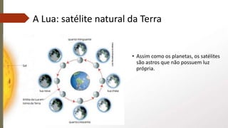 A Lua: satélite natural da Terra
• Assim como os planetas, os satélites
são astros que não possuem luz
própria.
 