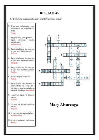 RESPSOTAS
8. Complete a cruzadinha com as informações a seguir
1. Uma das substâncias mais
abundantes na superfície da
terra.
Água
2. Propriedade que permite à
água dissolver muitas
substâncias
Solubilidade
3. Propriedade que faz com que
a água pura não tenha cor.
Incolor
4. Propriedade que faz com que
a água pura não tenha sabor.
Insípida
5. Propriedade que faz com que
a água pura não tenha cheiro
Inodora
6. Gelo é a água no estado...
Sólida
7. Propriedade que mostra se
uma substância é mais leve
ou mais pesada em relação ao
espaço que ocupa. Densidade
8. Vapor de água é a água no
estado
Gasoso
9. A água da torneira está no
estado
Líquido
10. Água imprópria para beber
Contaminada
11. Água própria para o consumo
Potável
4 1
I Á
N G 3
2 S O L U B I L I D A D E
I A N 10
P C C
I 5 I N O D O R A
D 6 L N
A S O T
O 8 R A
L G M
7 D E N S I D A D E I
D S N
A O 11 P O T A V E L
S D
9 L I Q U I D O A
Mary Alvarenga
 