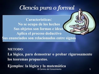 Ciencia pura o formal METODO:   La lógica, para demostrar o probar rigurosamente los teoremas propuestos. Ejemplos: la lógica y la matemática Características : No se ocupa de los hechos Sus objetos son formas e ideas  Aplica el proceso deductivo Sus enunciados son relacionados entre signos 