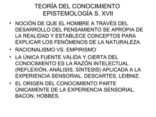 TEORÍA DEL CONOCIMIENTO  EPISTEMOLOGÍA S. XVII NOCIÓN DE QUE EL HOMBRE A TRAVÉS DEL DESARROLLO DEL PENSAMIENTO SE APROPIA DE LA REALIDAD Y ESTABLECE CONCEPTOS PARA EXPLICAR LOS FENÓMENOS DE LA NATURALEZA RACIONALISMO VS. EMPIRISMO LA ÚNICA FUENTE VÁLIDA Y CIERTA DEL CONOCIMIENTO ES LA RAZÓN INTELECTUAL (REFLEXIÓN, ANÁLISIS, SÍNTESIS) APLICADA A LA EXPERIENCIA SENSORIAL. DESCARTES, LEIBNIZ. EL ORIGEN DEL CONOCIMIENTO PARTE ÚNICAMENTE DE LA EXPERIENCIA SENSORIAL. BACON, HOBBES. 
