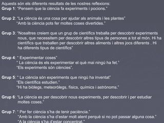 Aquests són els diferents resultats de les nostres reflexions:
Grup 1: “Pensem que la ciència fa experiments i pocions.”
Grup 2: “La ciència és una cosa per ajudar als animals i les plantes”
“Amb la ciència pots fer moltes coses divertides.”
Grup 3: “Nosaltres creiem que un grup de científics treballa per descobrir experiments
nous, que necessitem per descobrir altres tipus de persones a tot el món. Hi ha
científics que treballen per descobrir altres aliments i altres jocs diferents . Hi
ha diferents tipus de científics”
Grup 4: “ Experimentar coses”
“ La ciència és els experimentar el què mai ningú ha fet.”
“Els experiments són ciències”.
Grup 5: “ La ciència són experiments que ningú ha inventat”
“Els científics estudien.”
“Hi ha biòlegs, meteoròlegs, físics, químics i astrònoms.”
Grup 6: “La ciència es per descobrir nous experiments, per descobrir i per estudiar
moltes coses.”
Grup 7: “ Per fer ciència s’ha de tenir paciència.”
“Amb la ciència s’ha d’estar molt atent perquè si no pot passar alguna cosa.”
 