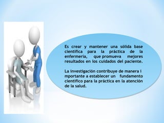 Es crear y mantener una sólida base
científica para la práctica de la
enfermería, que promueva mejores
resultados en los cuidados del paciente.
La investigación contribuye de manera i
mportante a establecer un fundamento
científico para la práctica en la atención
de la salud.
Es crear y mantener una sólida base
científica para la práctica de la
enfermería, que promueva mejores
resultados en los cuidados del paciente.
La investigación contribuye de manera i
mportante a establecer un fundamento
científico para la práctica en la atención
de la salud.
 