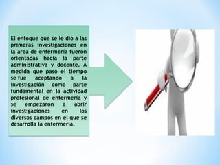 El enfoque que se le dio a las
primeras investigaciones en
la área de enfermería fueron
orientadas hacia la parte
administrativa y docente. A
medida que pasó el tiempo
se fue aceptando a la
investigación como parte
fundamental en la actividad
profesional de enfermería y
se empezaron a abrir
investigaciones en los
diversos campos en el que se
desarrolla la enfermería.
El enfoque que se le dio a las
primeras investigaciones en
la área de enfermería fueron
orientadas hacia la parte
administrativa y docente. A
medida que pasó el tiempo
se fue aceptando a la
investigación como parte
fundamental en la actividad
profesional de enfermería y
se empezaron a abrir
investigaciones en los
diversos campos en el que se
desarrolla la enfermería.
 