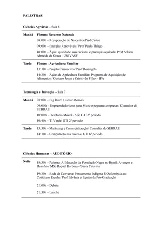 PALESTRAS
Ciências Agrárias – Sala 8
Manhã Fórum: Recursos Naturais
08:00h – Recuperação de Nascentes/Prof Castro
09:00h – Energias Renováveis/ Prof Paulo Thiago
10:00h – Água: qualidade, uso racional e produção aquícola/ Prof Seldon
Almeida de Souza - UNIVASF
Tarde Fórum : Agricultura Familiar
13:30h – Projeto Carroceiros/ Prof Rosângela
14:30h – Ações da Agricultura Familiar: Programa de Aquisição de
Alimentos / Gustavo Jonas e Cristovão Filho – IPA
Tecnologia e Inovação – Sala 7
Manhã 08:00h – Big Date/ Elismar Moraes
09:00 h - Empreendedorismo para Micro e pequenas empresas/ Consultor do
SEBRAE
10:00 h – Telefonia Móvel – 5G/ GTI 2º período
10:40h – TI Verde/ GTI 2º período
Tarde 13:30h – Marketing e Comercialização/ Consultor do SEBRAE
14:30h – Computação nas nuvens/ GTI 6º período
Ciências Humanas – AUDITÓRIO
Noite 18:30h – Palestra: A Educação da População Negra no Brasil: Avanços e
Desafios/ MSc Raquel Barbosa - Santa Catarina
19:30h – Roda de Conversa: Pensamento Indígena E Quilombola no
Cotidiano Escolar/ Prof Edvânia e Equipe da Pós-Graduação
21:00h – Debate
21:30h – Lanche
 