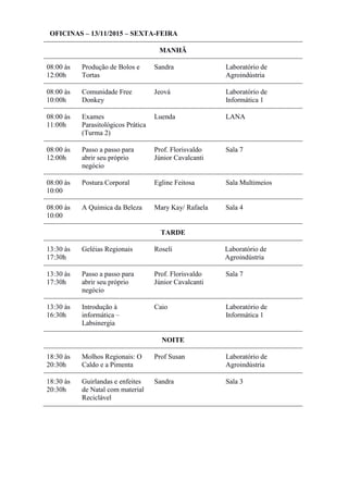 OFICINAS – 13/11/2015 – SEXTA-FEIRA
MANHÃ
08:00 às
12:00h
Produção de Bolos e
Tortas
Sandra Laboratório de
Agroindústria
08:00 às
10:00h
Comunidade Free
Donkey
Jeová Laboratório de
Informática 1
08:00 às
11:00h
Exames
Parasitológicos Prática
(Turma 2)
Luenda LANA
08:00 às
12:00h
Passo a passo para
abrir seu próprio
negócio
Prof. Florisvaldo
Júnior Cavalcanti
Sala 7
08:00 às
10:00
Postura Corporal Egline Feitosa Sala Multimeios
08:00 às
10:00
A Química da Beleza Mary Kay/ Rafaela Sala 4
TARDE
13:30 às
17:30h
Geléias Regionais Roseli Laboratório de
Agroindústria
13:30 às
17:30h
Passo a passo para
abrir seu próprio
negócio
Prof. Florisvaldo
Júnior Cavalcanti
Sala 7
13:30 às
16:30h
Introdução à
informática –
Labsinergia
Caio Laboratório de
Informática 1
NOITE
18:30 às
20:30h
Molhos Regionais: O
Caldo e a Pimenta
Prof Susan Laboratório de
Agroindústria
18:30 às
20:30h
Guirlandas e enfeites
de Natal com material
Reciclável
Sandra Sala 3
 