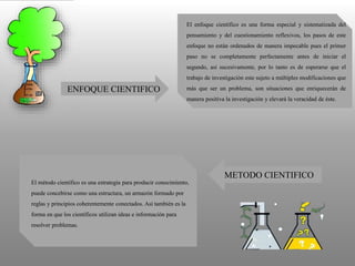 El método científico es una estrategia para producir conocimiento,
puede concebirse como una estructura, un armazón formado por
reglas y principios coherentemente conectados. Así también es la
forma en que los científicos utilizan ideas e información para
resolver problemas.
METODO CIENTIFICO
El enfoque científico es una forma especial y sistematizada del
pensamiento y del cuestionamiento reflexivos, los pasos de este
enfoque no están ordenados de manera impecable pues el primer
paso no se completamente perfectamente antes de iniciar el
segundo, así sucesivamente, por lo tanto es de esperarse que el
trabajo de investigación este sujeto a múltiples modificaciones que
más que ser un problema, son situaciones que enriquecerán de
manera positiva la investigación y elevará la veracidad de éste.
ENFOQUE CIENTIFICO
 