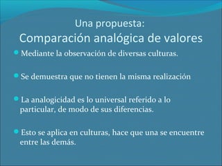 Una propuesta:

Comparación analógica de valores
Mediante la observación de diversas culturas.
Se demuestra que no tienen la misma realización
La analogicidad es lo universal referido a lo

particular, de modo de sus diferencias.

Esto se aplica en culturas, hace que una se encuentre

entre las demás.

 