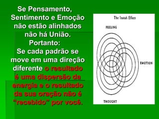 Se Pensamento,
Sentimento e Emoção
não estão alinhados
não há União.
Portanto:
Se cada padrão se
move em uma direção
diferente o resultado
é uma dispersão da
energia e o resultado
da sua oração não é
“recebido” por você.
 
