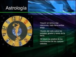 Astrología Inquirir en torno a las relaciones, cielo tierra-arriba-abajo. Acción del cielo sobre los estratos, grados y seres de la tierra. El futuro se predice de los movimientos de los cuerpos celestes. 