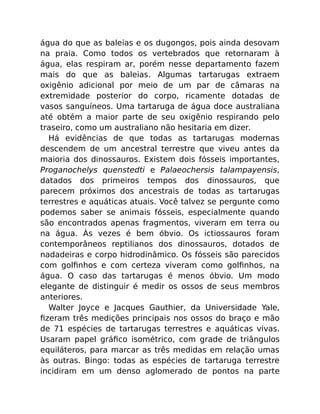 água do que as baleias e os dugongos, pois ainda desovam
na praia. Como todos os vertebrados que retornaram à
água, elas respiram ar, porém nesse departamento fazem
mais do que as baleias. Algumas tartarugas extraem
oxigênio adicional por meio de um par de câmaras na
extremidade posterior do corpo, ricamente dotadas de
vasos sanguíneos. Uma tartaruga de água doce australiana
até obtém a maior parte de seu oxigênio respirando pelo
traseiro, como um australiano não hesitaria em dizer.
Há evidências de que todas as tartarugas modernas
descendem de um ancestral terrestre que viveu antes da
maioria dos dinossauros. Existem dois fósseis importantes,
Proganochelys quenstedti e Palaeochersis talampayensis,
datados dos primeiros tempos dos dinossauros, que
parecem próximos dos ancestrais de todas as tartarugas
terrestres e aquáticas atuais. Você talvez se pergunte como
podemos saber se animais fósseis, especialmente quando
são encontrados apenas fragmentos, viveram em terra ou
na água. Às vezes é bem óbvio. Os ictiossauros foram
contemporâneos reptilianos dos dinossauros, dotados de
nadadeiras e corpo hidrodinâmico. Os fósseis são parecidos
com golﬁnhos e com certeza viveram como golﬁnhos, na
água. O caso das tartarugas é menos óbvio. Um modo
elegante de distinguir é medir os ossos de seus membros
anteriores.
Walter Joyce e Jacques Gauthier, da Universidade Yale,
ﬁzeram três medições principais nos ossos do braço e mão
de 71 espécies de tartarugas terrestres e aquáticas vivas.
Usaram papel gráﬁco isométrico, com grade de triângulos
equiláteros, para marcar as três medidas em relação umas
às outras. Bingo: todas as espécies de tartaruga terrestre
incidiram em um denso aglomerado de pontos na parte
 