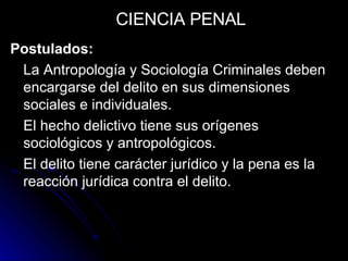 Postulados: La Antropología y Sociología Criminales deben encargarse del delito en sus dimensiones sociales e individuales. El hecho delictivo tiene sus orígenes sociológicos y antropológicos. El delito tiene carácter jurídico y la pena es la reacción jurídica contra el delito. CIENCIA PENAL 