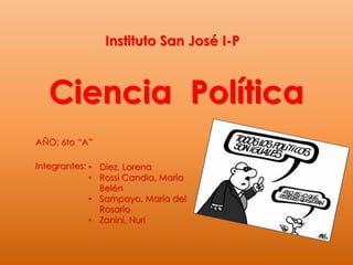 Ciencia Política
Instituto San José I-P
AÑO: 6to “A”
Integrantes: • Diez, Lorena
• Rossi Candia, María
Belén
• Sampayo, María del
Rosario
• Zanini, Nuri
 