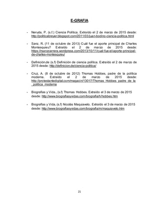 21
E-GRAFIA
- Neruda, P. (s.f.) Ciencia Política. Extraído el 2 de marzo de 2015 desde:
http://politicabreyer.blogspot.com/2011/03/juan-bodino-ciencia-politica.html
- Sanz, R. (11 de octubre de 2013) Cuál fue el aporte principal de Charles
Montesquieu? Extraído el 2 de marzo de 2015 desde:
https://rsanzcarrera.wordpress.com/2013/10/11/cual-fue-el-aporte-principal-
de-charles-montesquieu/
- Definición.de (s.f) Definición de ciencia política. Extraído el 2 de marzo de
2015 desde: http://definicion.de/ciencia-politica/
- Cruz, A. (8 de octubre de 2012) Thomas Hobbes, padre de la política
moderna. Extraído el 2 de marzo de 2015 desde:
http://protestantedigital.com/magacin/13017/Thomas_Hobbes_padre_de_la
_politica_moderna
- Biografías y Vida., (s.f) Thomas Hobbes. Extraído el 3 de marzo de 2015
desde: http://www.biografiasyvidas.com/biografia/h/hobbes.htm
- Biografías y Vida, (s.f) Nicolás Maquiavelo. Extraído el 3 de marzo de 2015
desde: http://www.biografiasyvidas.com/biografia/m/maquiavelo.htm
 