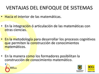 VENTAJAS DEL ENFOQUE DE SISTEMAS Hacia el interior de las matemáticas. En la integración ó articulación de las matemáticas con otras ciencias. En la metodología para desarrollar los procesos cognitivos que permiten la construcción de conocimientos matemáticos. En la manera como los formadores posibilitan la construcción de conocimiento matemático. 